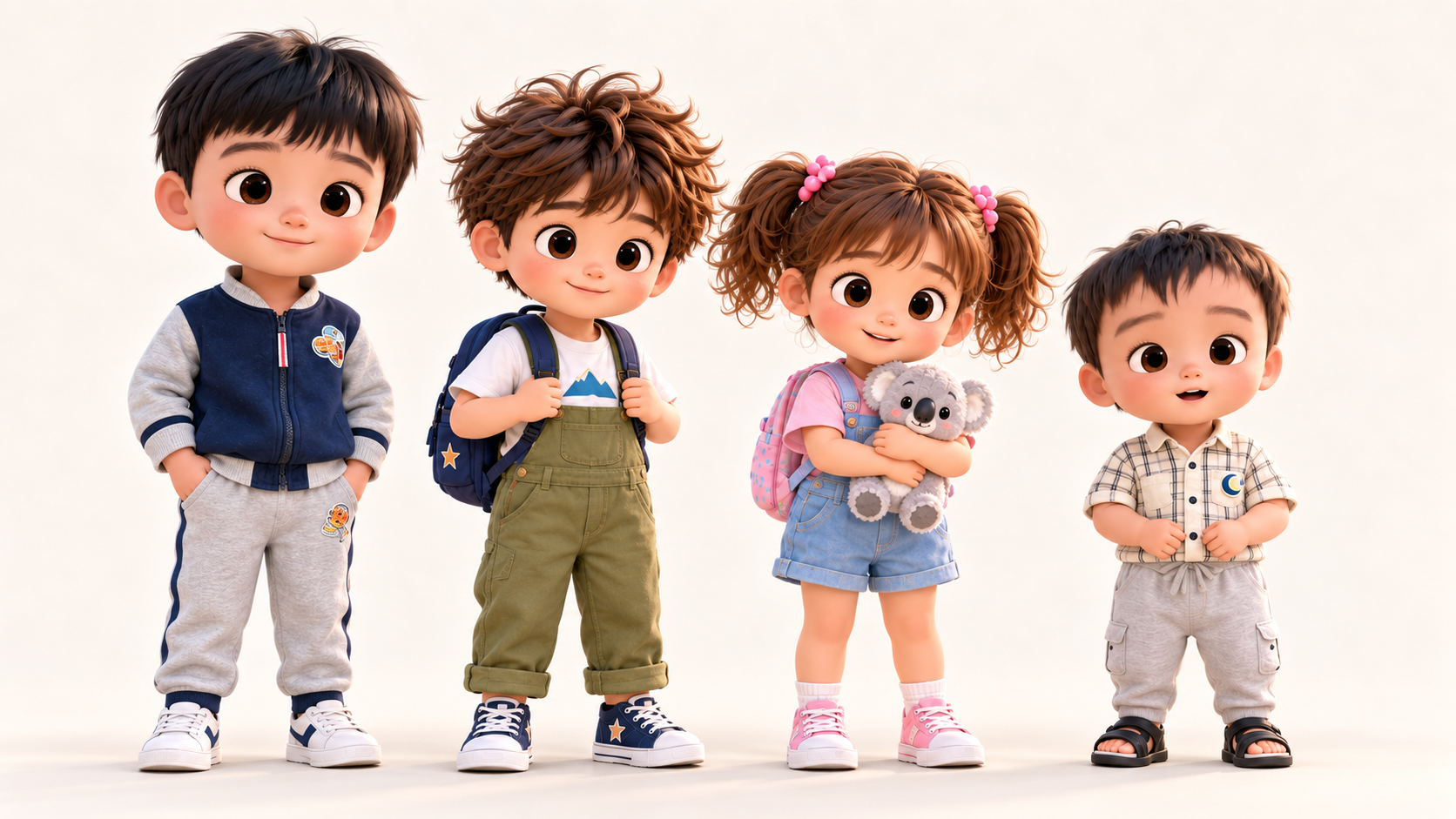 กลุ่มตัวละครเด็กจาก MY WORLD ยืนอยู่ในสนามโรงเรียน